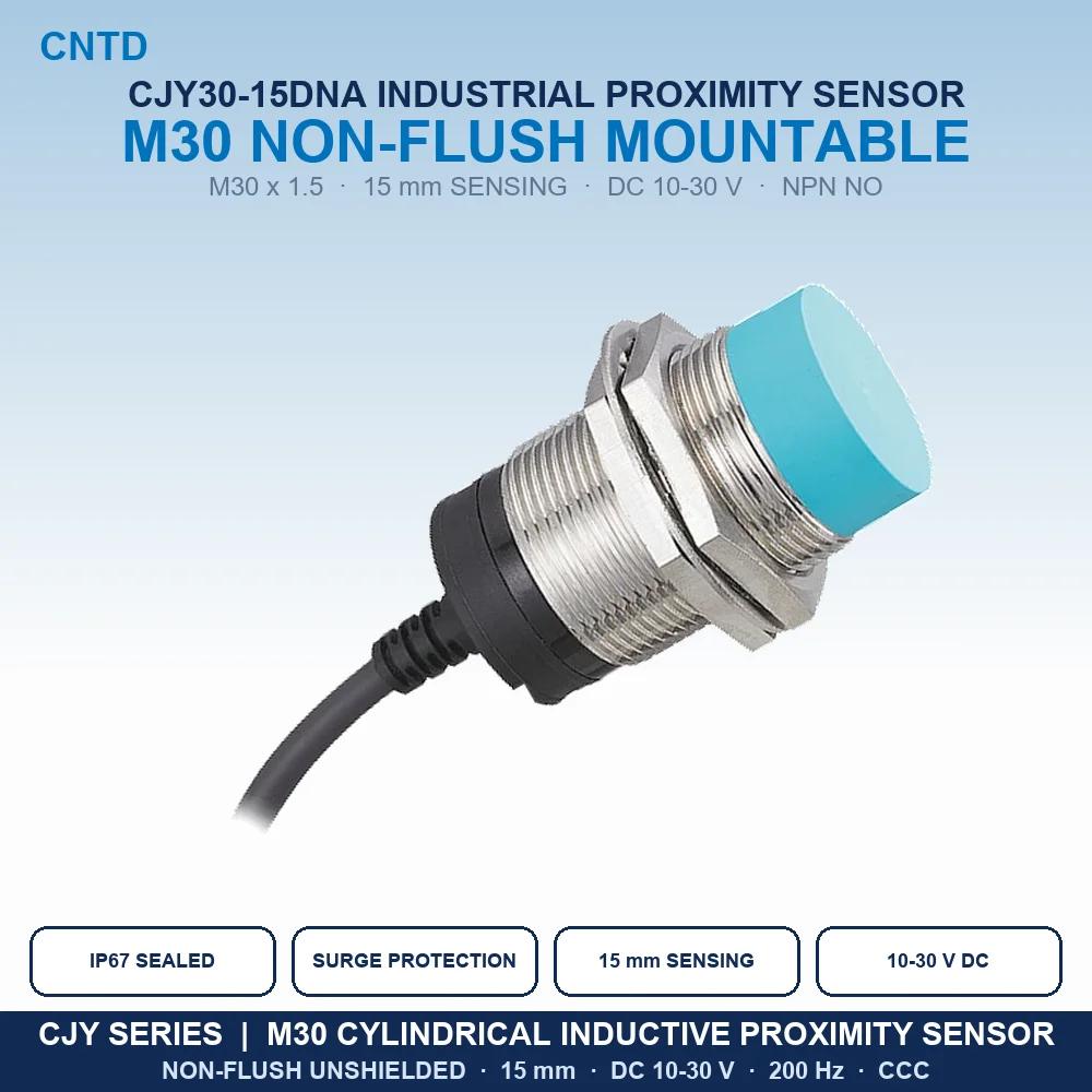 Inductive Proximity Sensor M30 NPN NO 3-Wire 15mm Non-Flush IP67 Approach Switch DC10-30V 200Hz Metal Detection CJY30-15DNA