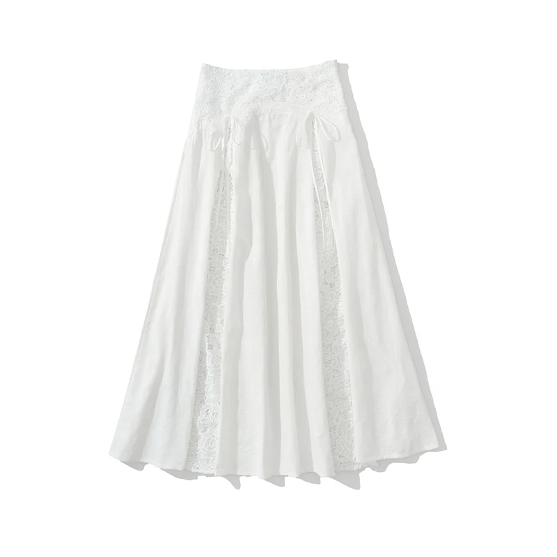 YENKYE Sexy Lace Patchwork White Long Skirt For Women Elegant A-line High Waist Spring Summer Vacation Skirts 2026