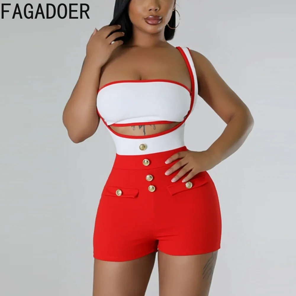 

FAGADOER Summer New Color Splicing Strap Shorts Two Piece Sets Women Off Shoulder Sleeveless Backless Tube And Shorts Streetwear