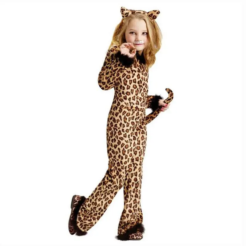 Kids Child Animal Wild Leopard Costume Cosplay for Girls Fantasia Halloween Purim Carnival Mardi Gras Party Jumpsuit