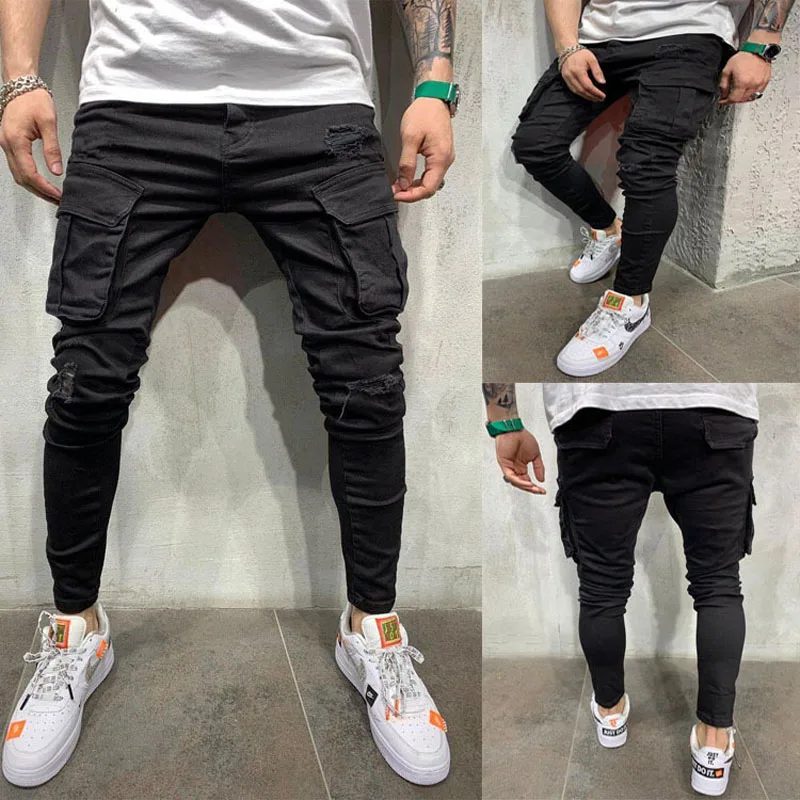 

Fashion Mens Jeans Skinny Ripped Mul Pocket Denim Pants Streetwear Cargo Pants Hip Hop Black Trousers Spring Autumn Man Clothing