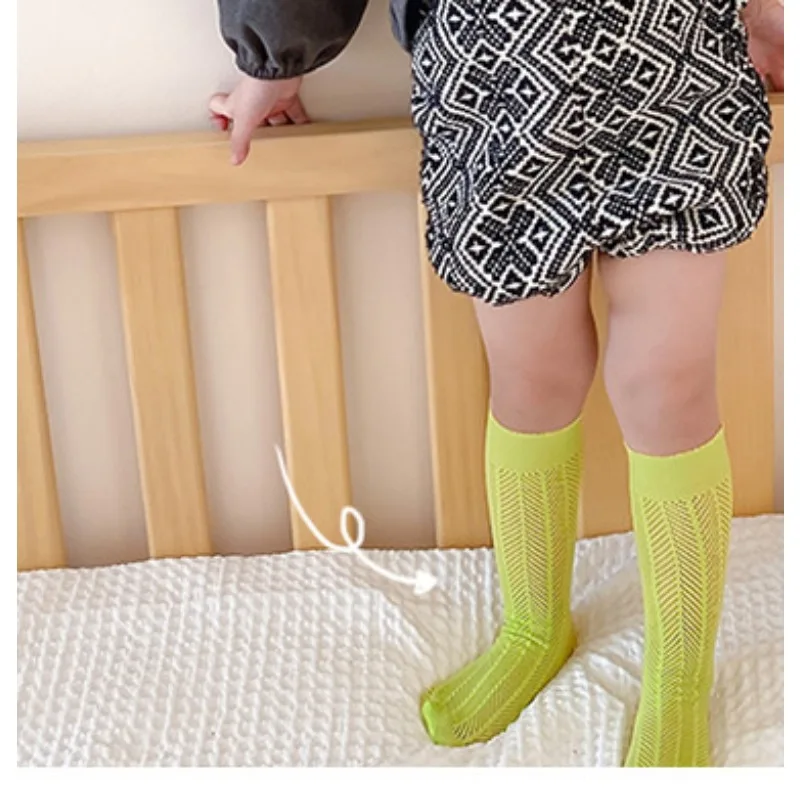 Spring and summer solid color striped hollow card stockings children's mesh socks random color