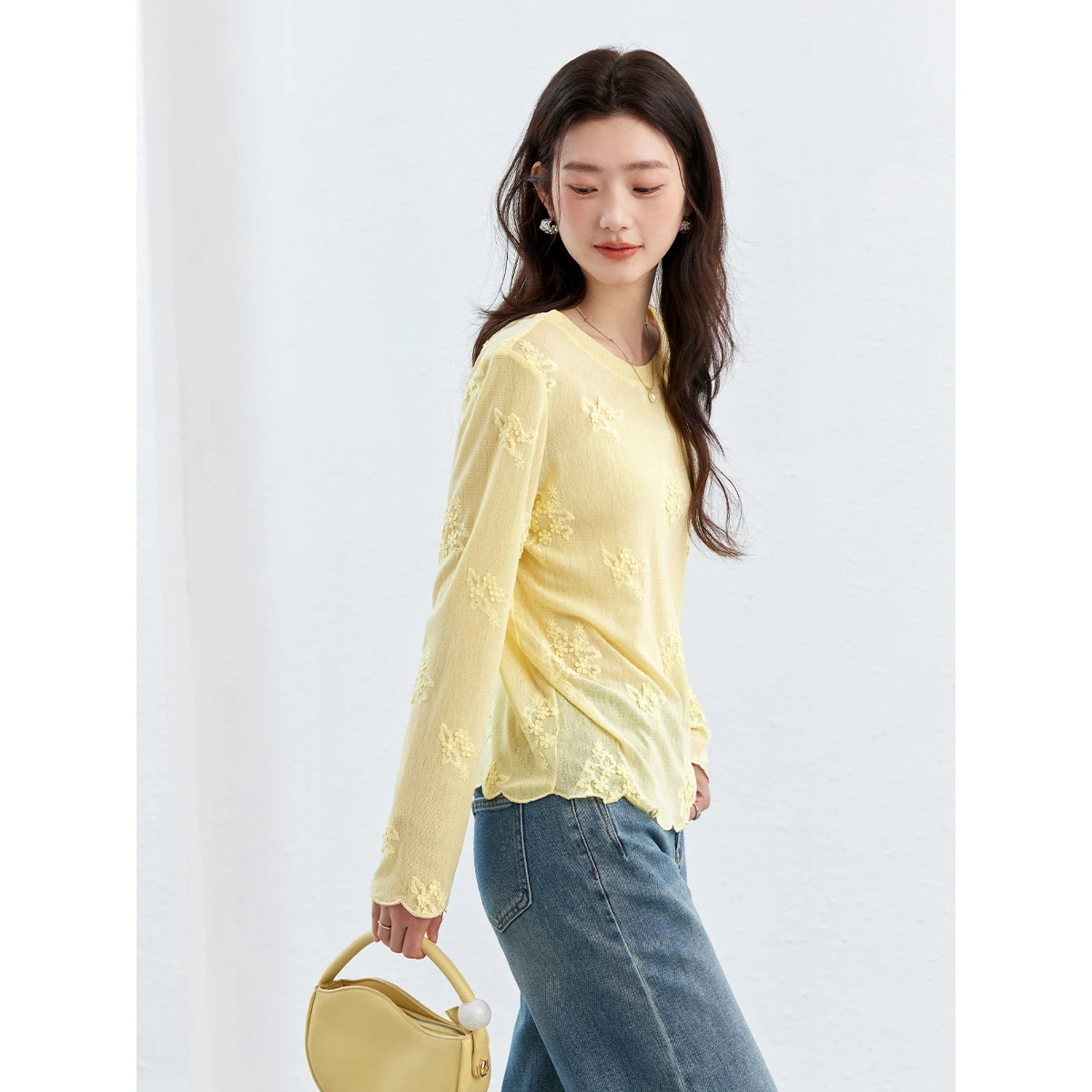 VIMLY Women's Mesh Top Long Sleeve Pullover Tee 2026 Spring Fashion 3D Floral Scalloped Hem Textured Woman T-shirt A6017
