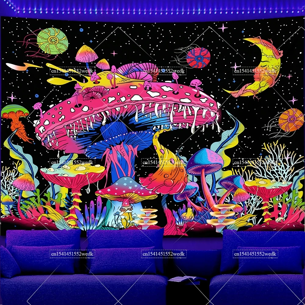 Blacklight Tapestry Mushroom Glow In The Dark Skull Butterfly Neon Tapestries UV Reactive Moth Wall Decor Black Light Tapestrys