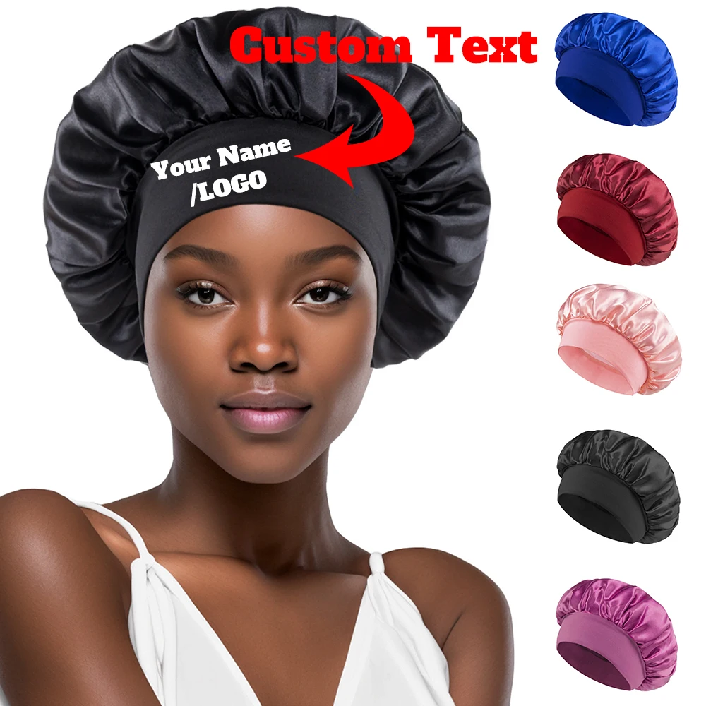 Custom Name LOGO Silk Bonnet for Sleeping Women Personalized Your Text Hair Satin Bonnets with Elastic Band Sleep Cap Curly Hair