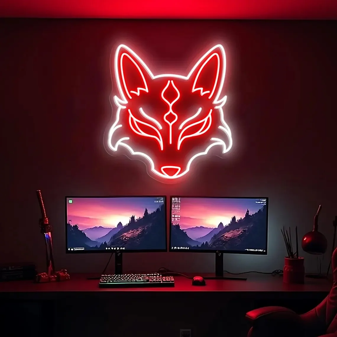 Maska Kitsune Neon Japoński Duch Lisa LED Dekoracja Ścienna Neonowy Znak Lis Neonowy Znak Anime Dekoracja Pokoju Neonowy Znak