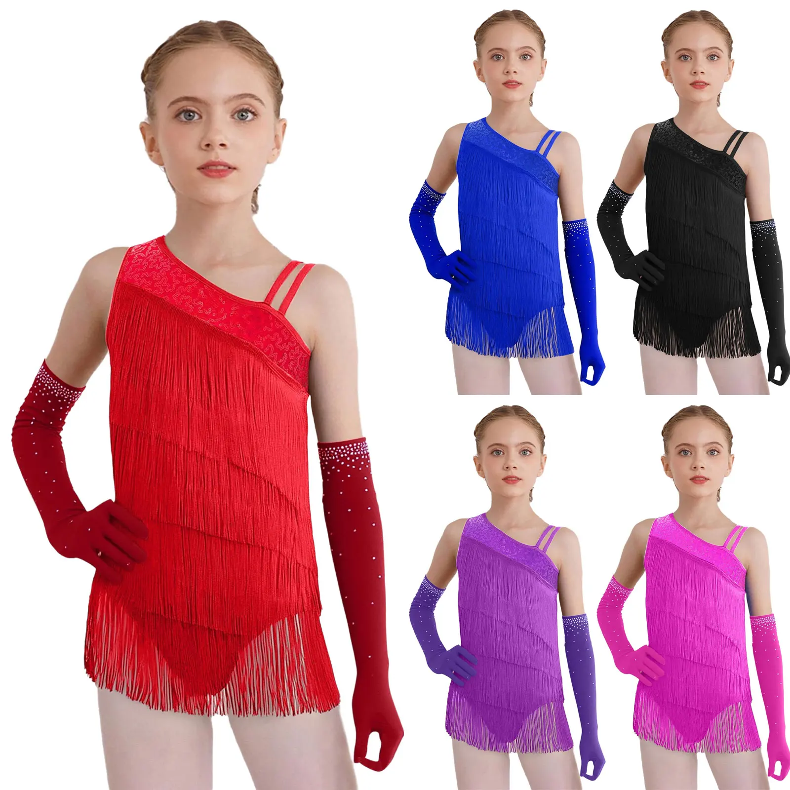Kids Girl Modern Ballroom Salsa Latin Dance Costume Sleeveless Tassels Asymmetrical Sequins Leotard with Rhinestones Mesh Gloves