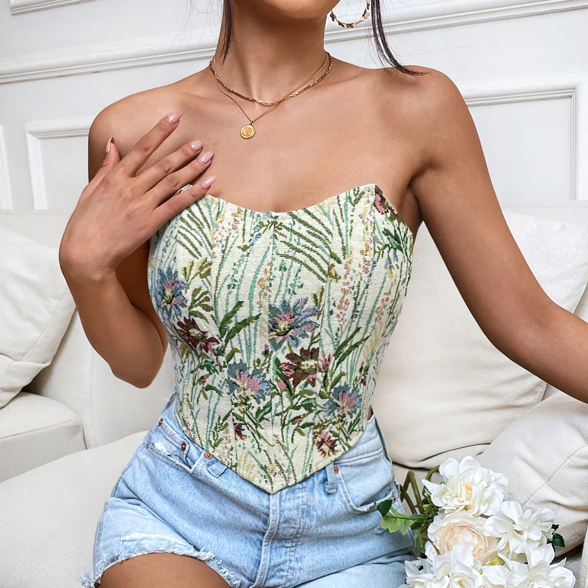 Vintage Print Halter Corset Tops Women\'s French Palace Floral Sleeveless Crop Top Back Strap Retro Shaper Bustier Tops Camisole