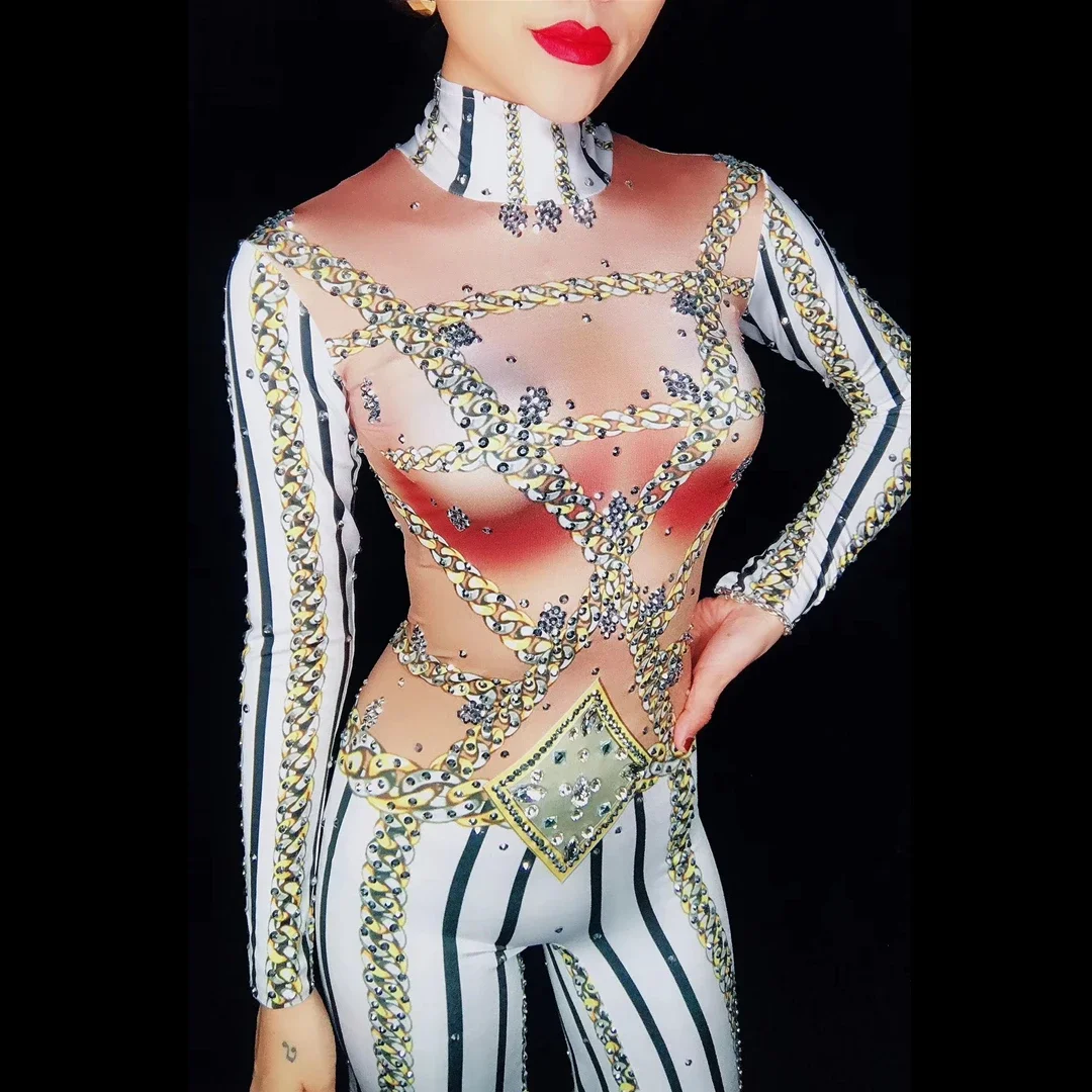 Sparkle Rhinestone Striped Jumpsuit Fashion Women Party Banquet Clothing Stage Performance Costumes Lady One-piece Crystal Wears