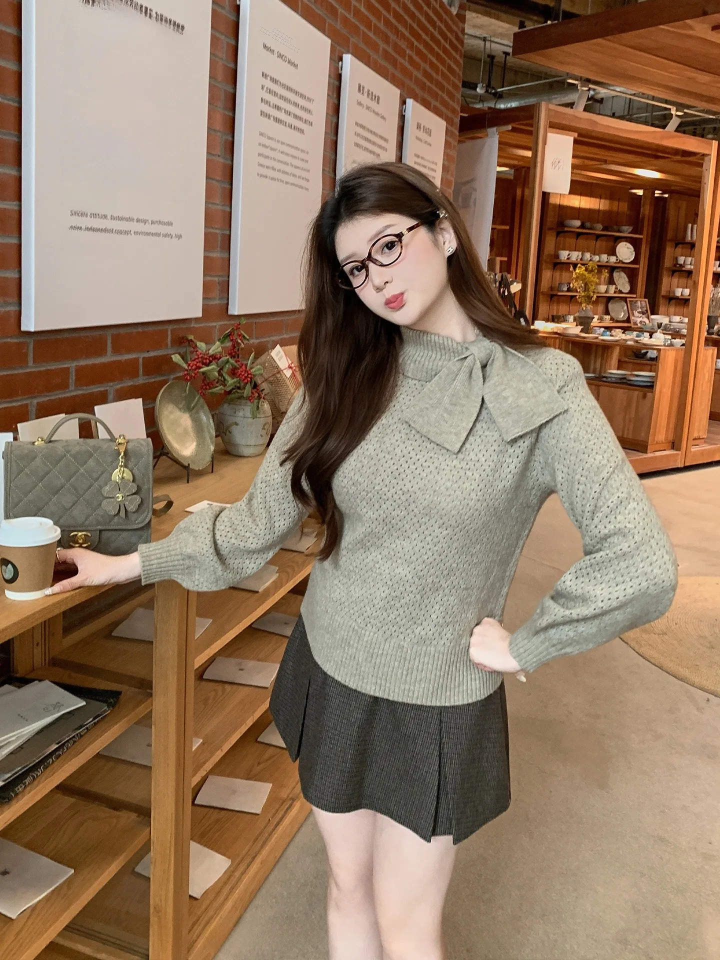 

Large Size Women's Knitted Sweater Knot Collar Lantern Sve Hollow Sensation Casual Loose Fit Winter Faion