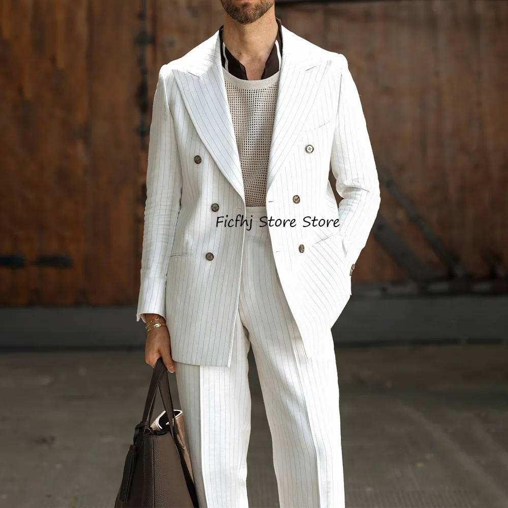 

Men's Classic Suit Striped Fabric 2 Piece Set for Man Suit Casual Straight Pockets Formal Matching Sets Outfits White Suits