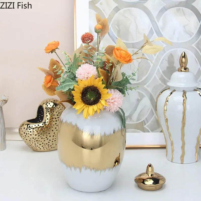 

Gold Pattern Ceramic Storage Jar Artificial Flower Decorative Vase Porcelain Jewelry Jars Cosmetic Containers Desk Decoration