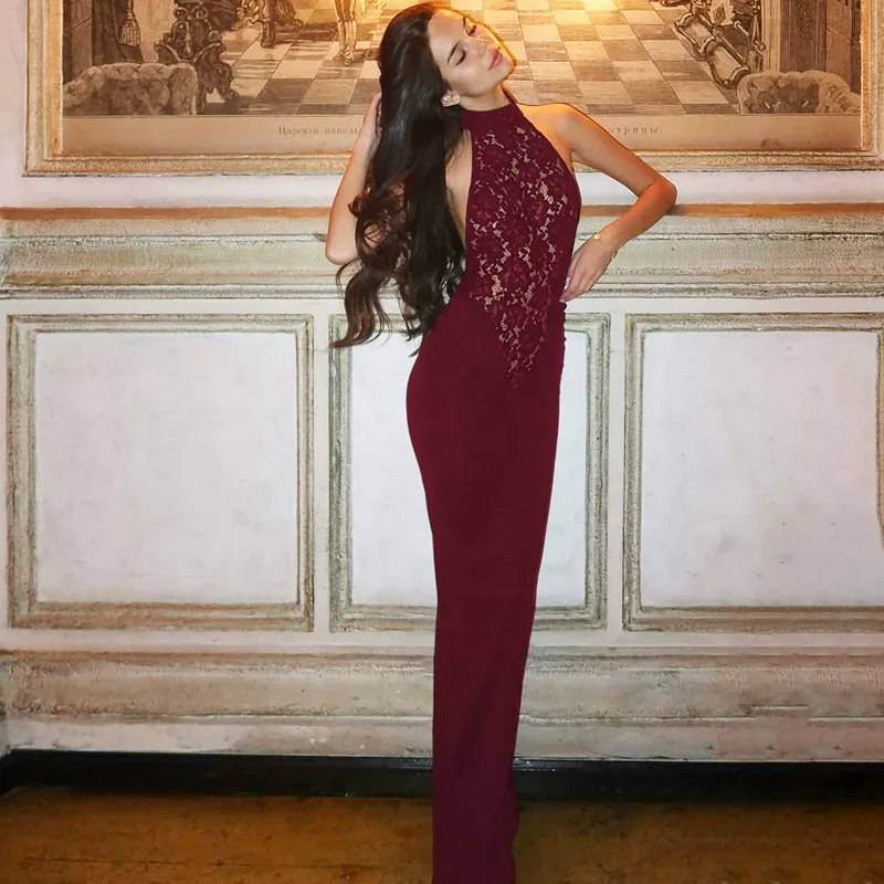 Elegante Damen-Partykleider mit Spitzenapplikationen 2026 Neckholder Schulterfreies Rückenfreies Hochgeschnittenes Langes Maxi-Abendkleid Schwarze Roben – Detail 12