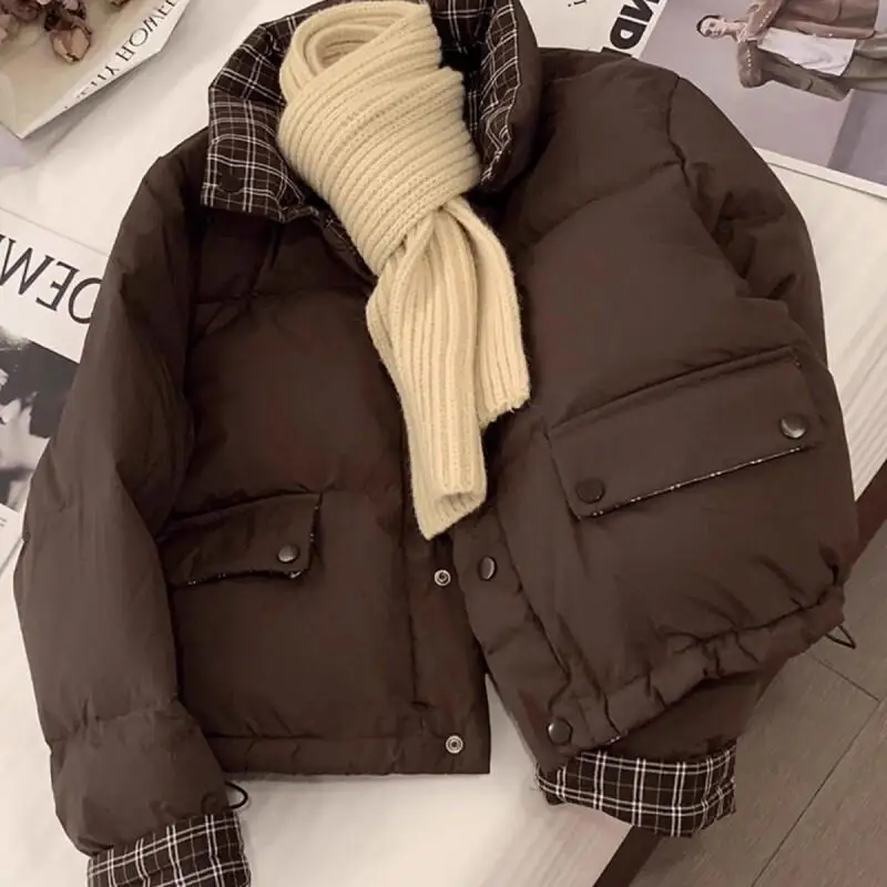 

Women's Coat winter autumn Jacket Outerwear Warm Fleece Lined American Retro Plaid Stand Collar Petite Casual Short Quilted Coat