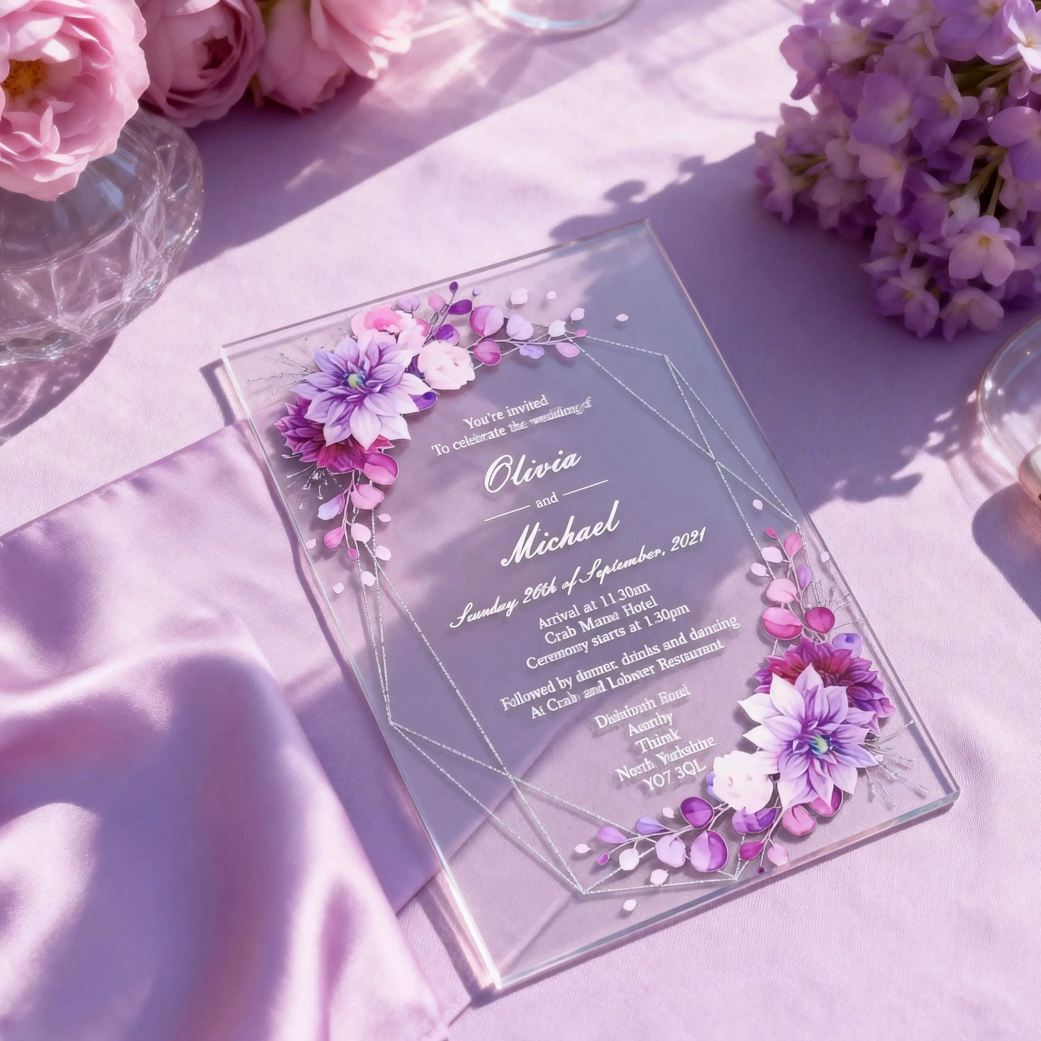 

Custom 10pcs Purple,Lavendar Transparent Acrylic Wedding Invitation,Quinceanera Soft Foldable PVC Cards,Gift Party Decoration