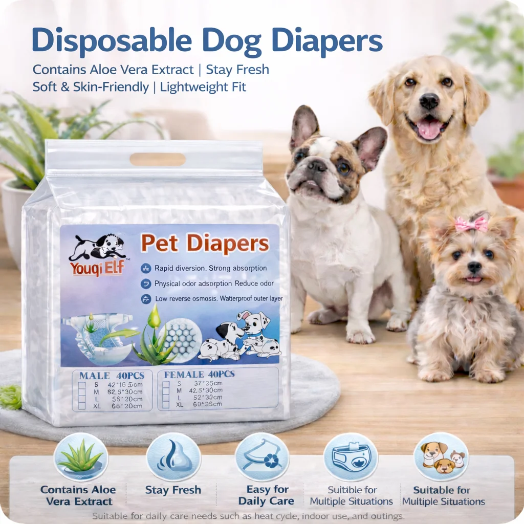 Youqi Elf 40 couches absorbantes pour chiens mâles avec essence d'aloe vera, couche de surface légèrement acide, désodorisantes et anti-odeurs, confortables et sèches, absorption instantanée et anti-fuites