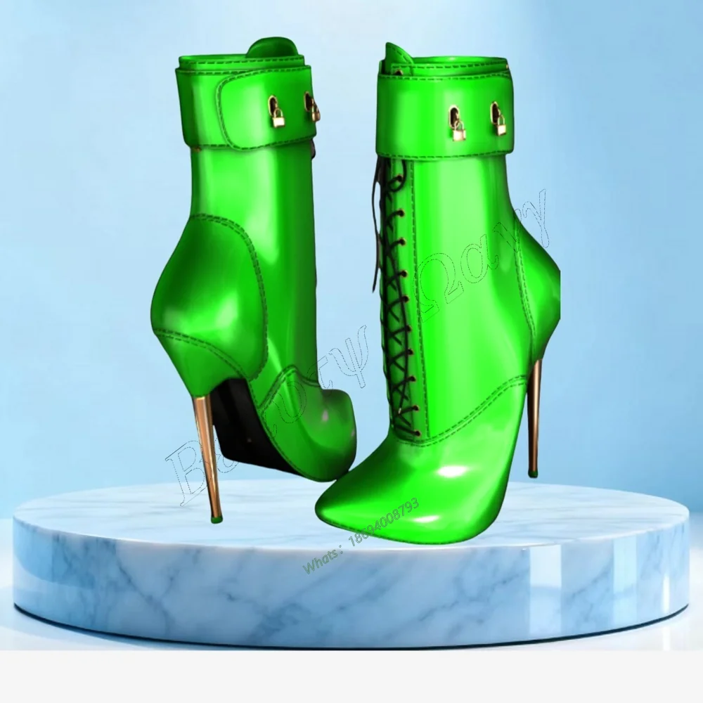 

Green Metal Heel Patent Leather Boots Side Zipper Lock Decor High Heel Shoes Solid Sexy Women Shoes New Zapatos Para Mujere