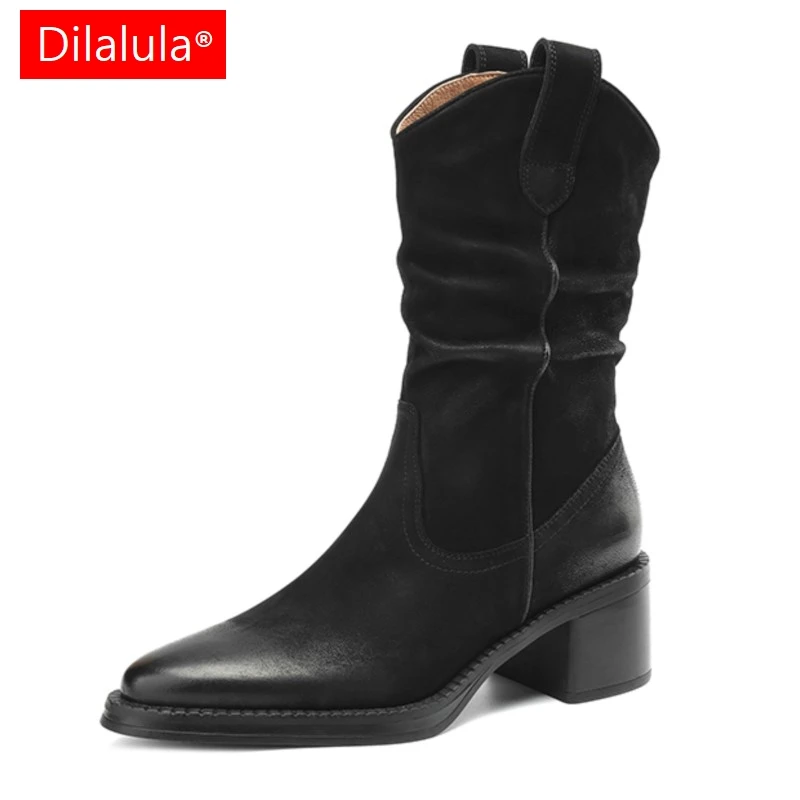 Dilalula 2024 New Autumn/Winter Women Mid Calf Boots Round Toe Chunky Heel Western Booties Ladies Daily Shoes