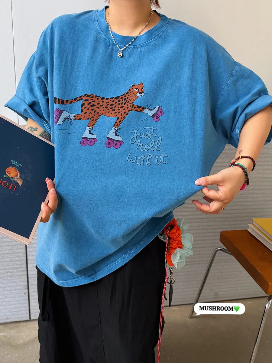 

Футболка женская с коротким рукавом, леопардовый принт, ретро, универсальная, повседневная, модная, коллекция Mushroom Head Miss Summer 2026