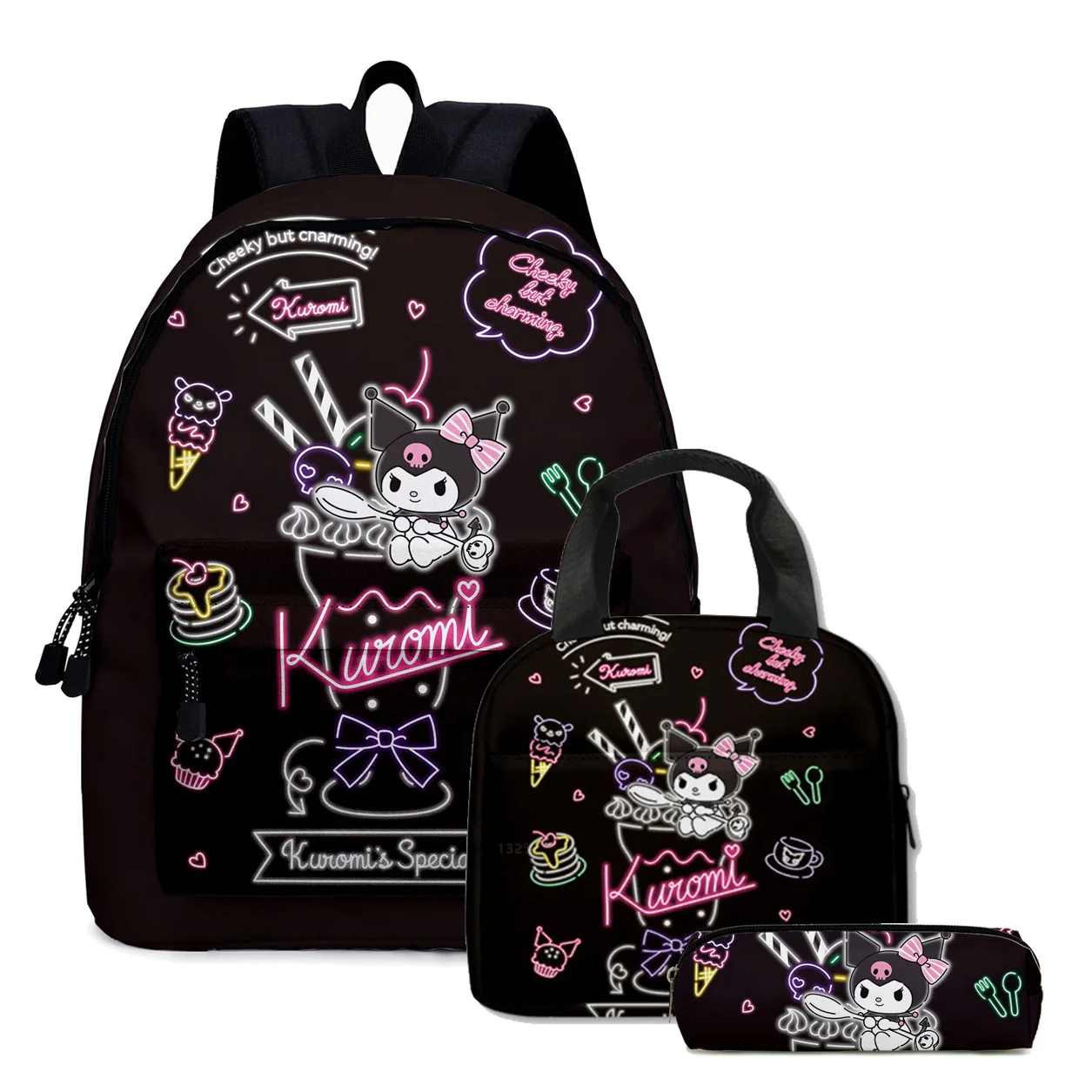 3PC-SET Printing Peripheral Sanrio Kuromi Backpack Student School Bag Pencil Case Bag Mochila Boys Girls Anime kawaii Cartoon