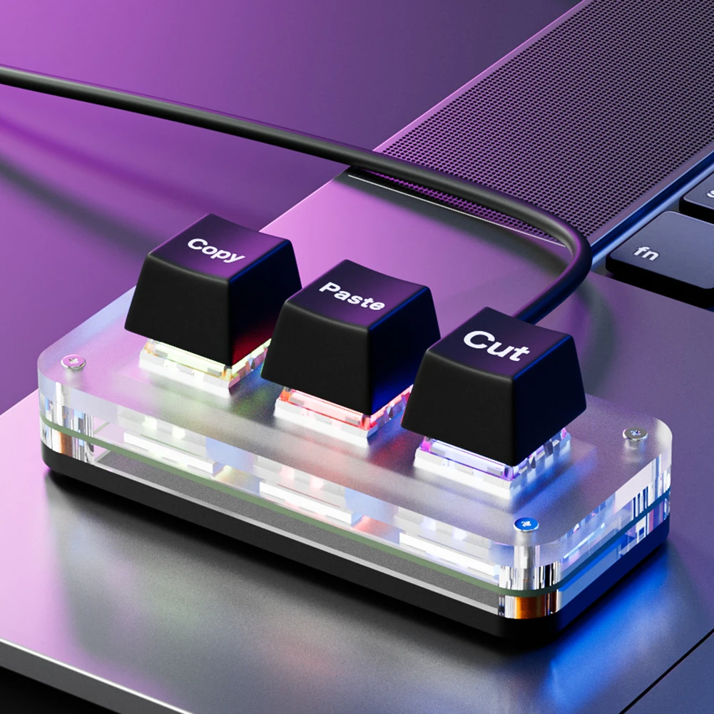 RGB Ctrl X C V Shortcut Teclado com uma mão Teclado macro de 3 teclas USB Type-C Teclado para jogos para trabalho contabilidade ou jogos de ritmo