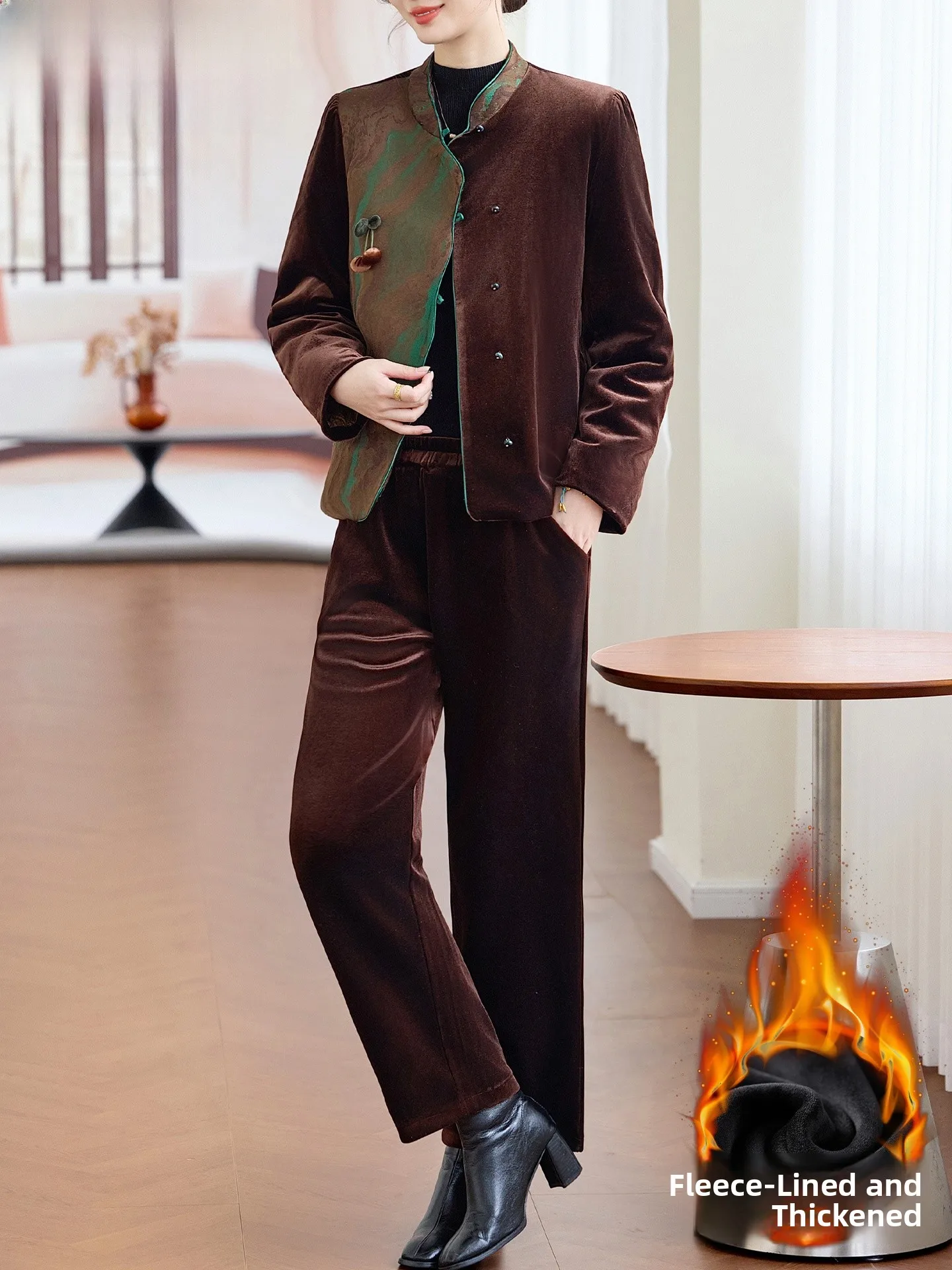 

New Chinese Sle Women's Winter Clothes Set Fce Lined Thi Cotton Jaet Coat Warmth Two Piece Set for Middle-Aged And E...