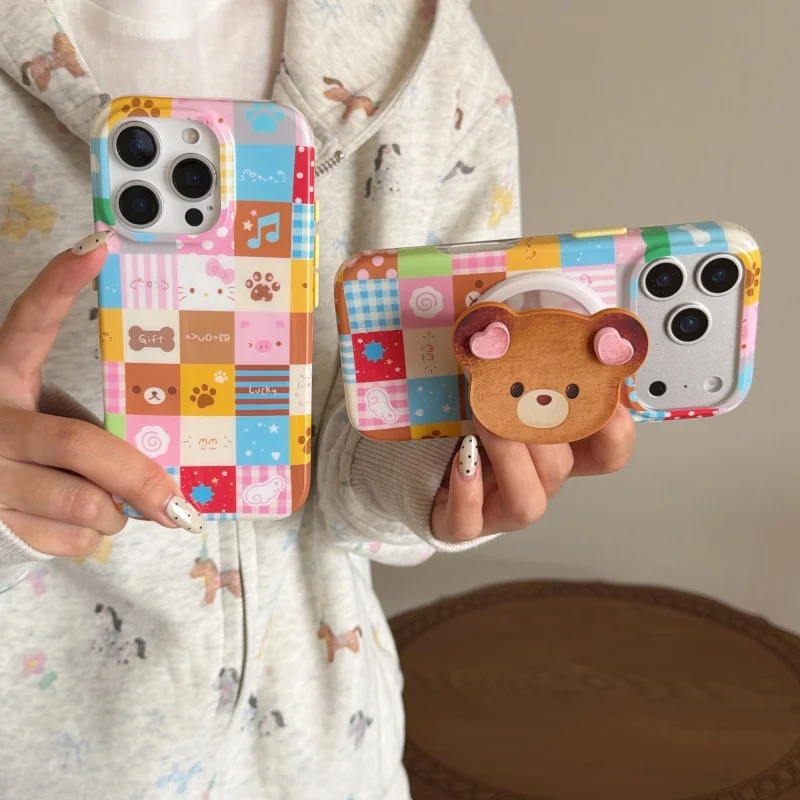 

Kawaii Color Plaid Pattern Cartoon Bear Magnetic Phone Case For iPhone 17 Pro 15 16 Pro Max 16Pro Back Cover with Stand For Mags