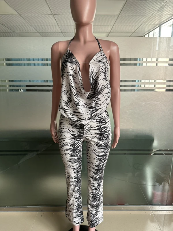 ชุดเซ็ตผู้หญิงสุดฮิต ลายพิมพ์วินเทจ เสื้อแขนกุดคอวีผูกคอ และกางเกงขายาวเอวสูงทรงหลวม ชุดเซ็ต 2 ชิ้น