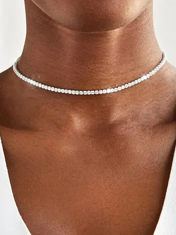 여성을위한 2mm Moissanite 테니스 목걸이 S925 실버 도금 18K 골드 스파클링 라인 석 초커 체인 웨딩 쥬얼리 조절 가능