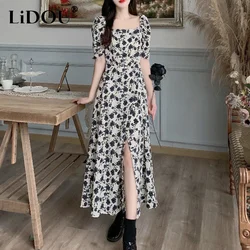 Vestido estampado floral rosa longo para mulheres, robe na cintura, elegante e chique, casual e estético, moda feminina, verão