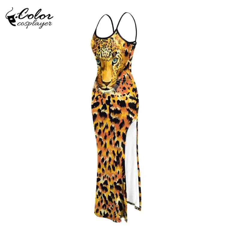 Color Cosplayer Leopard Print Dress Women Long Camisole Dress Halloween Animal Cosplay Costume Adult Sexy Outfit Festival Gown