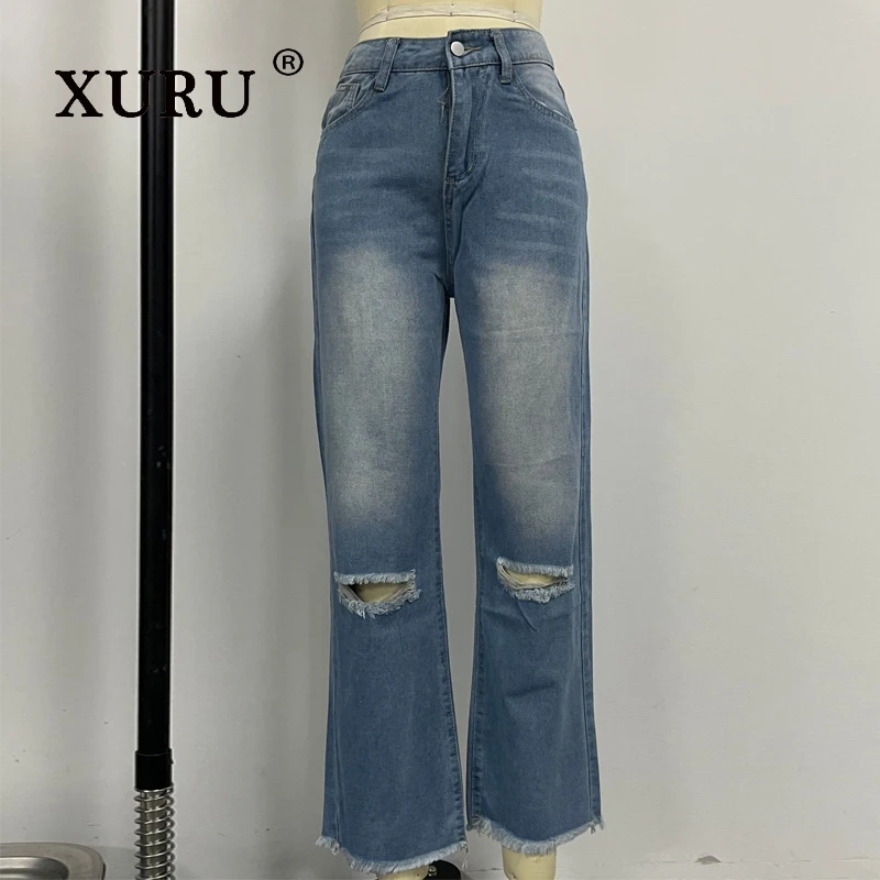 XURU - New women's ripped cropped jeans, y2k loose straight leg light colored long jeans, men's pants