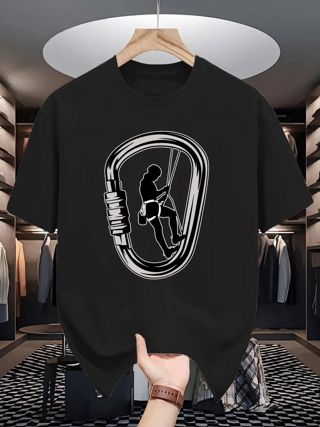Rock Climbing Carabiner Print Mens Crew Neck T Shirt Climber Silhouette Graphic Short Sleeve Casual Cotton Trendy Street Tees