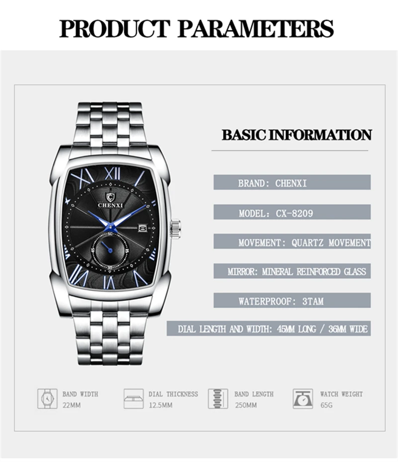 Мужские кварцевые часы CHENXI 8209, роскошные деловые модные водонепроницаемые наручные часы с квадратным циферблатом и хронографом для мужчин, подарки