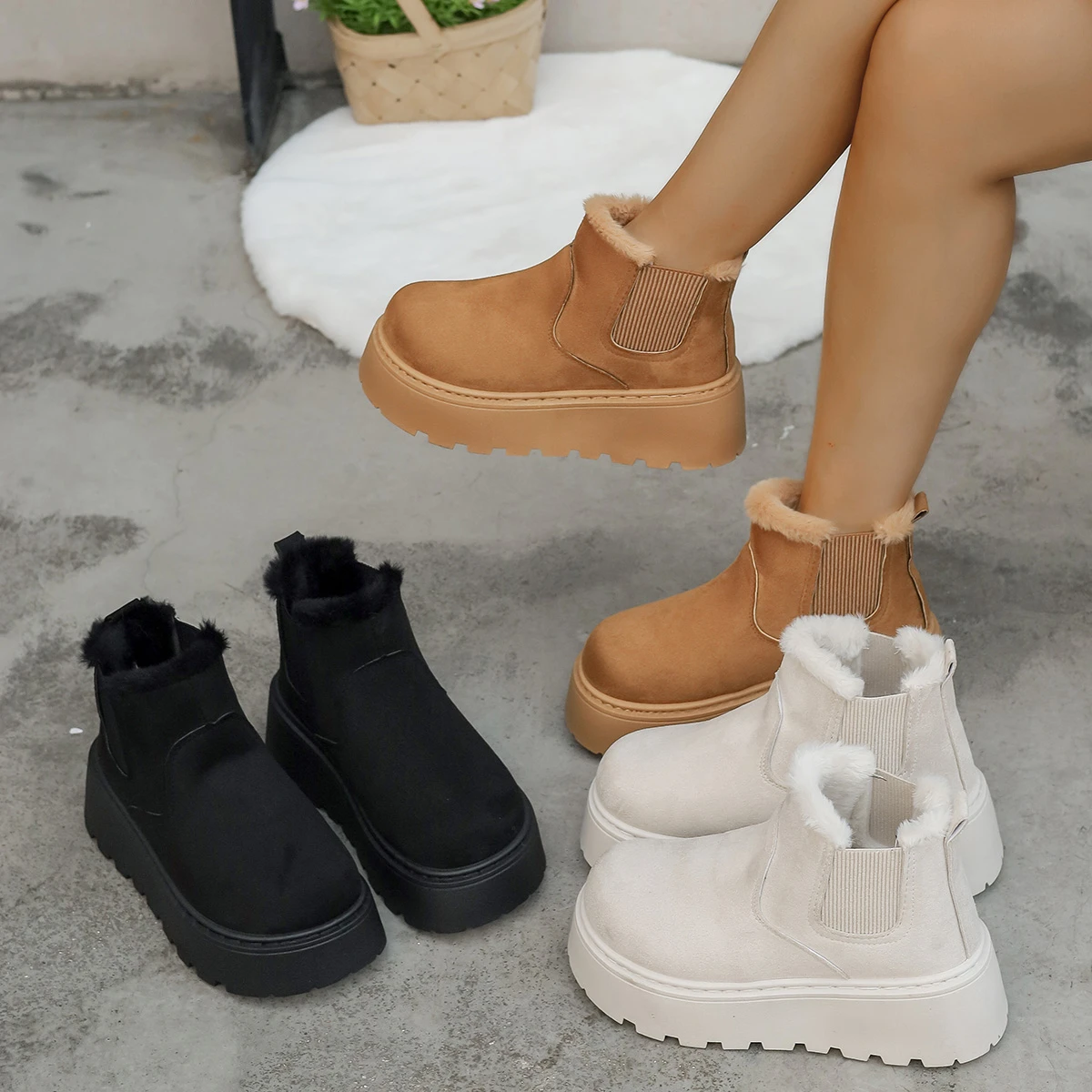 Winter Damen Kurze Plüsch Warme Schneestiefel Freizeitschuhe Neue Wildleder Pelz Chelsea Stiefeletten Flache Plateau Damenschuhe Bequem