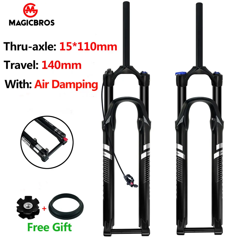 

MAGICBROS Thru Axle 15*110MM 26 27.5 29 Inch Air Fork 140mm Travel MTB Mountain Bike Bicycle Air Suspension Fork with Rod