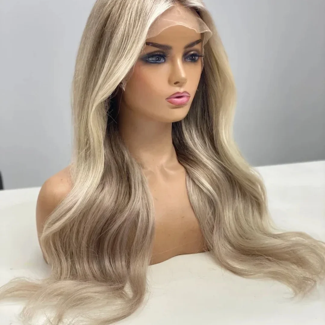 24Inch Highlight Blond Wave with Bangs Natural HD Lace Wig for Women Pre-Plucked Transparent Lace Frontal Versatile Hair Wig