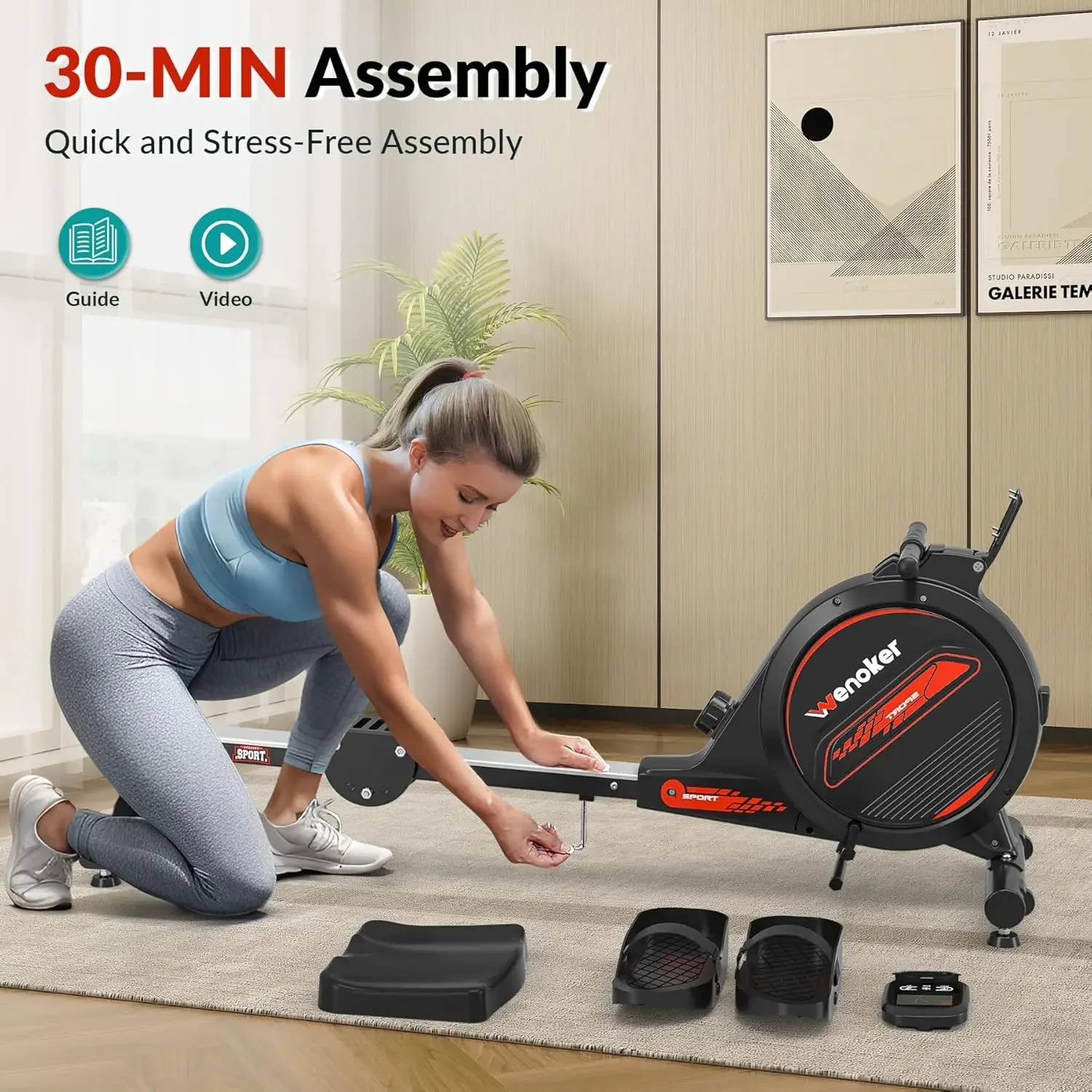 آلة التجديف، للمنزل، سعة وزن 350 رطل، همس أملس هادئ مع حامل لوحي بشاشة LCD