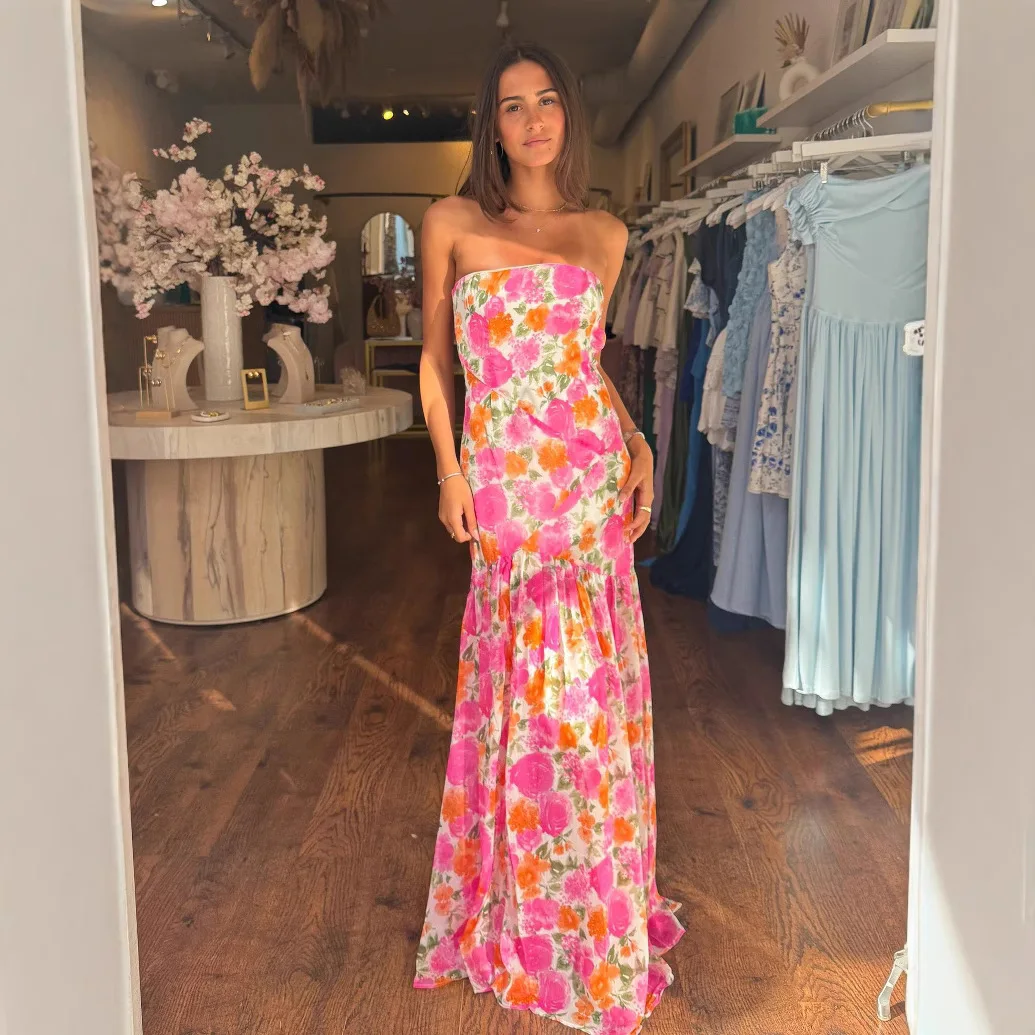 

Female Clothing Women Dresses New Summer Style Elegant Tube Top Mesh Printed Waist Sleeveless Ruffle Dress Elegant Party Dresses