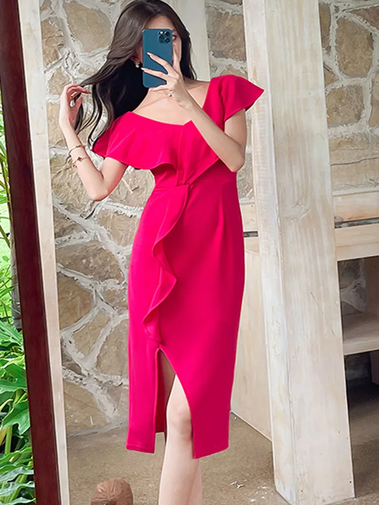 Letnia moda biurowa OL obcisła sukienka typu Bodycon dla kobiet ubrania damskie elegancka wzburzona dekolt w serek seksowna obcisła sukienka Femme