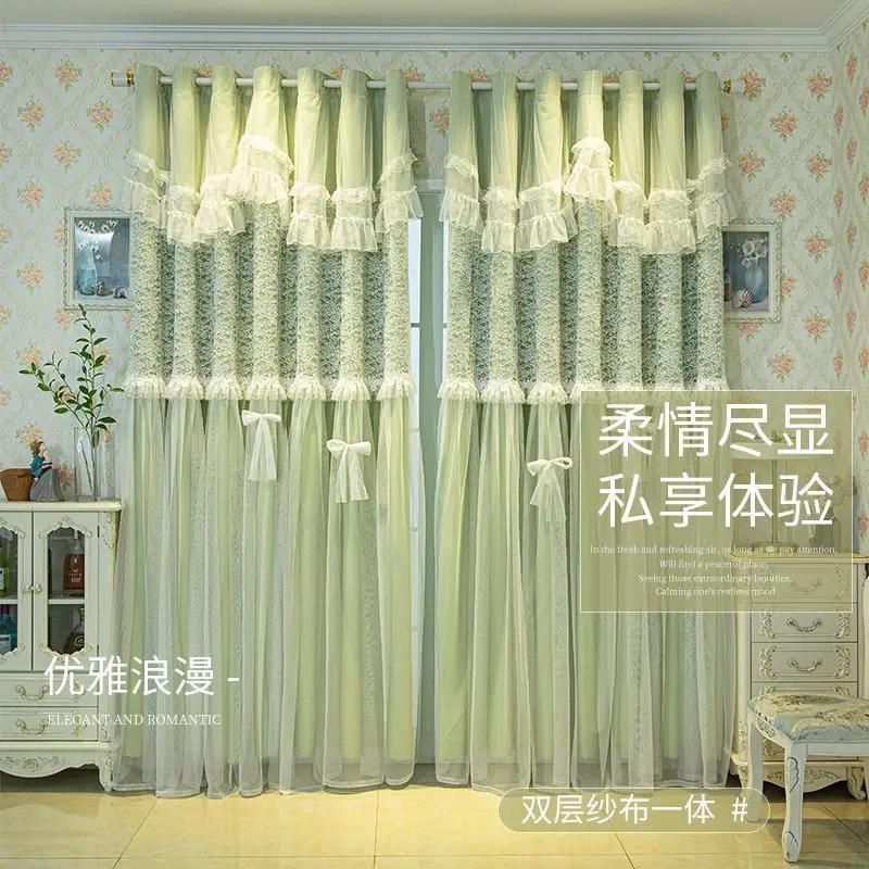 Gorgeous Pink Lace Curtain with Bows Double Layer Curtain Sheer & Blackout, Princess Style Decor for Cozy Bedroom & Living Room