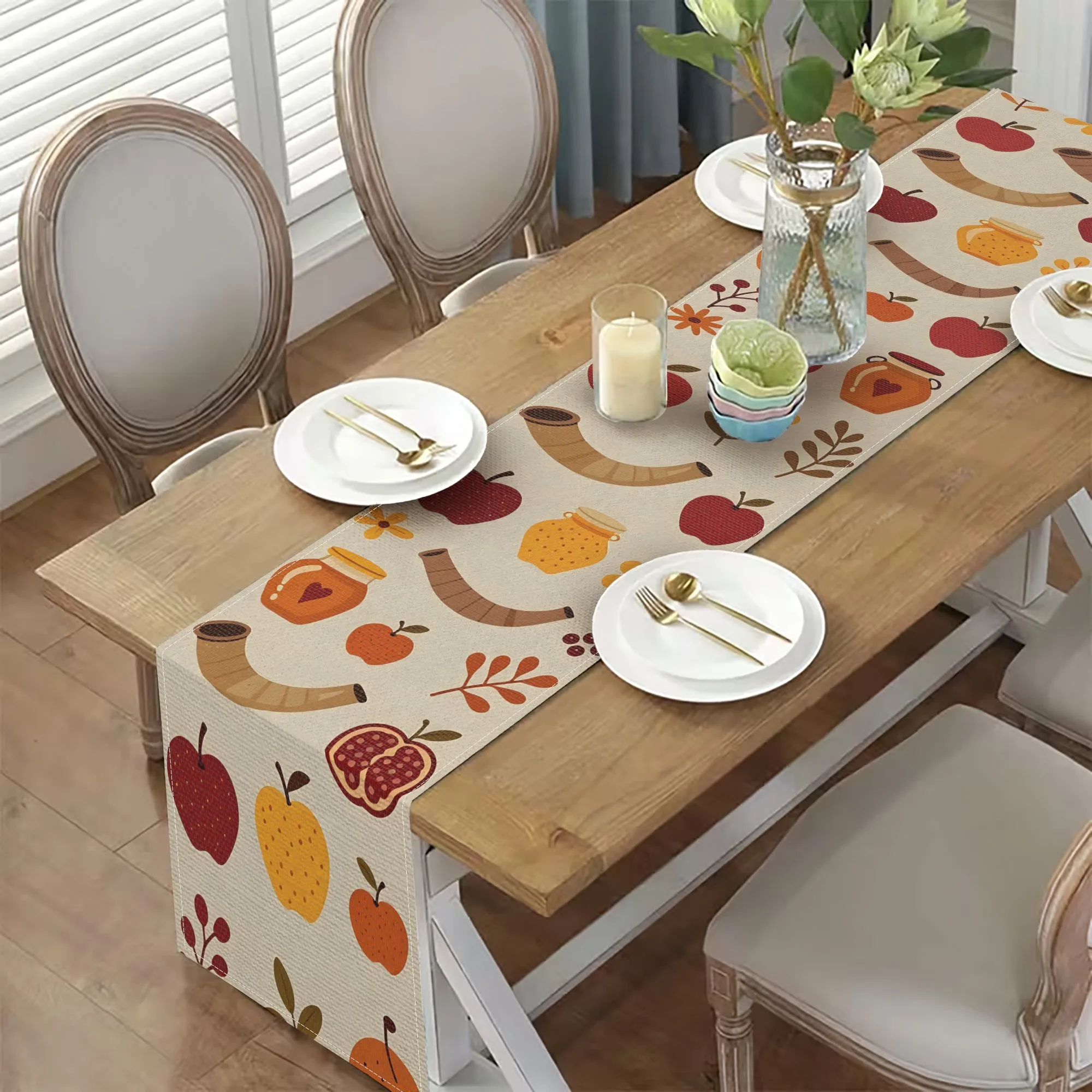 Rosh Hashanah Pomegranate Honey Horn Table Runner Jewish Holiday Decor Reusuable Kitchen Dining Table Runner Shana Tova Decor