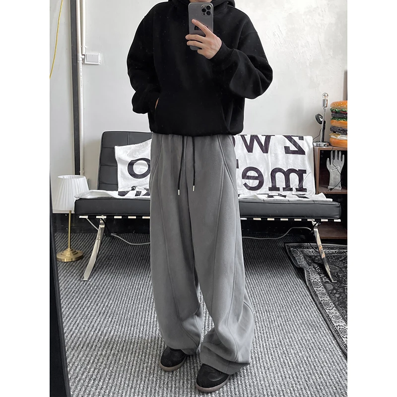 Winter Thicken Beige Pants Men Warm Fashion Thick Casual Pants Men Streetwear Korean Loose Wide Leg Pants Mens Trousers M-3XL