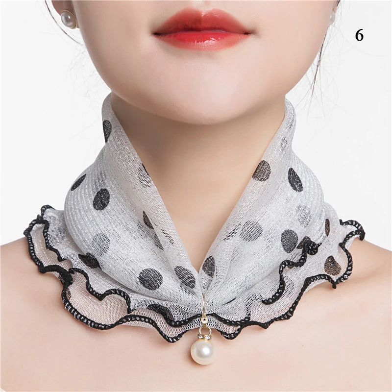 Syal kerah Organza wanita, syal Ruffle renda mutiara elegan liontin sifon Bandana elastis multifungsi