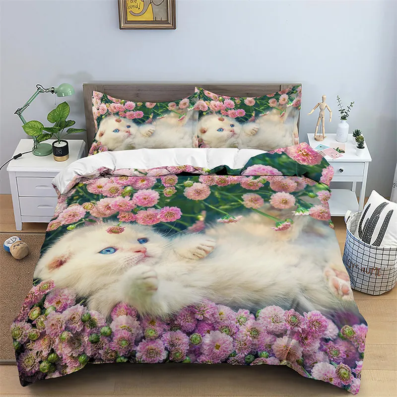 

3D Cat Print Duvet Cover - Luxury Funny Animal Design, Floral Theme, for Kids, Girls & Boys Room Decor