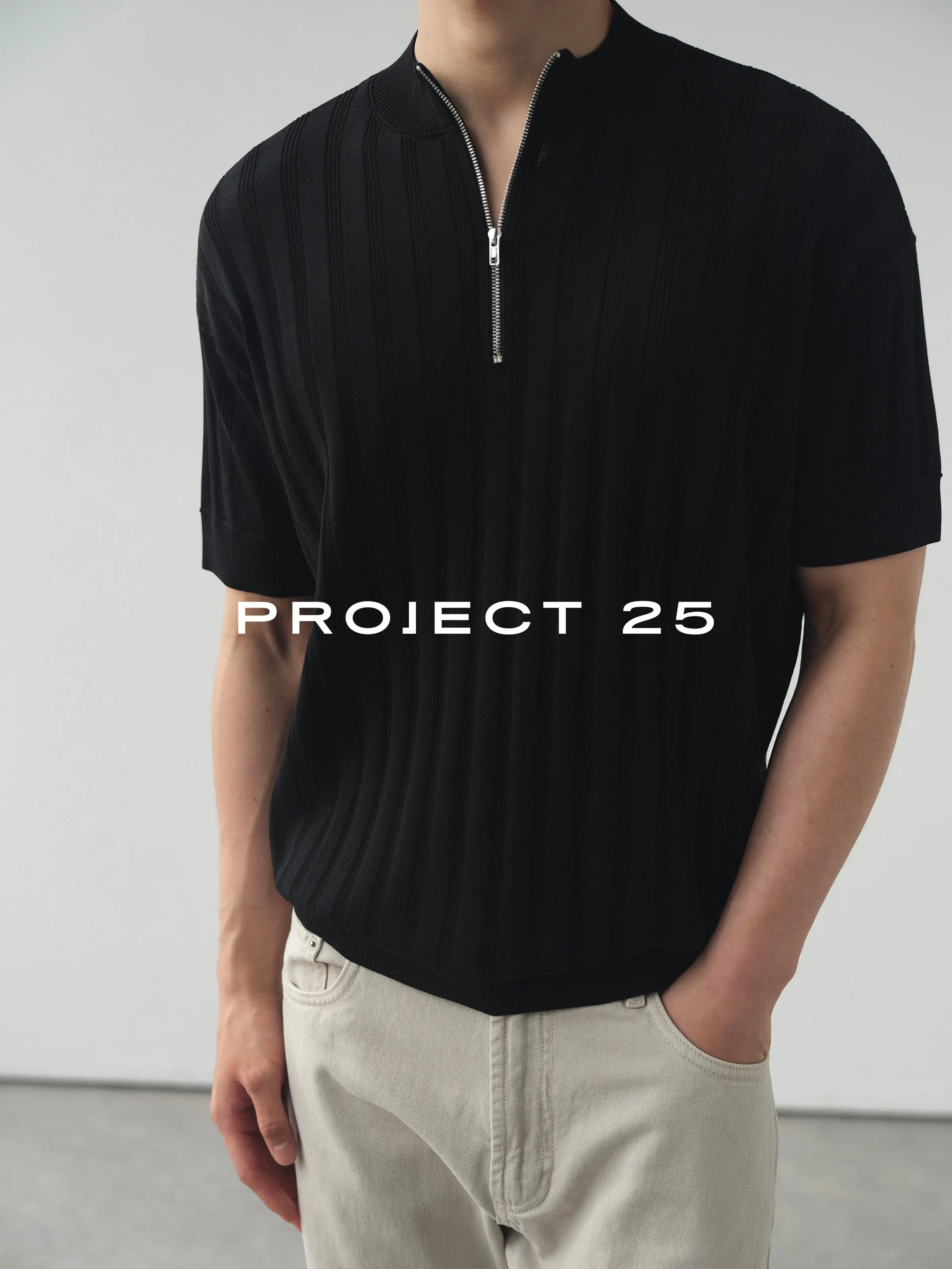 PROJECT 25 Men Half Zip Knitted T Shirt Acetate Long Staple Cotton Blend Cool Feeling Breathable