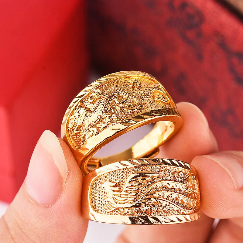 925 Sterling Silver Couple Dragon Phoenix Opening Rings Yellow Gold Plated Temperament Generous Wedding Jewelry For Him And Her