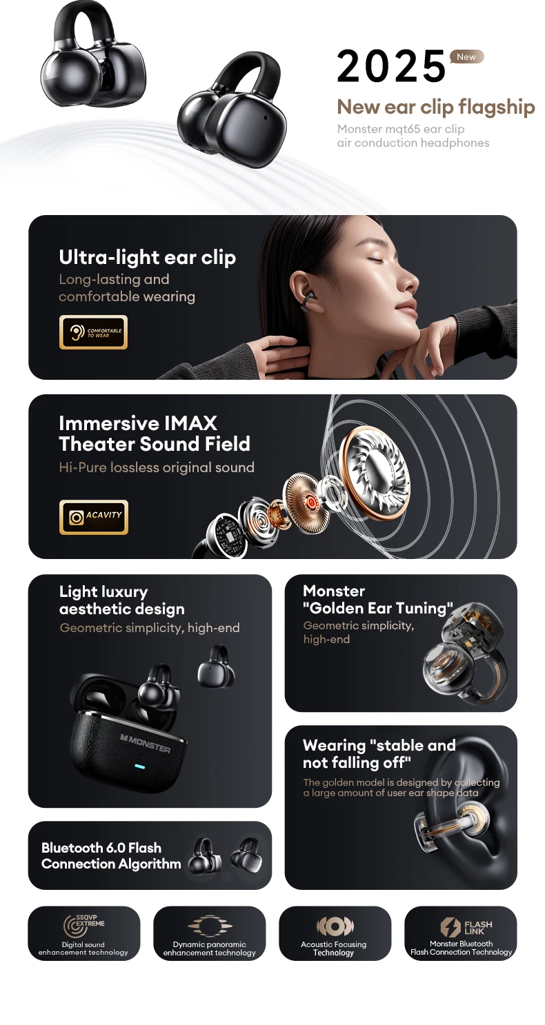 Choice Monster MQT65 OWS Bluetooth 6.0 Earphones Low Latency Earclip Bluetooth Headphones HD Call HiFi Music Game Sport Earbuds
