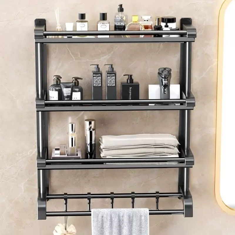 Wall Mounted Bathroom Storage Shelf Towel Rail Hooks Powder Coated Steel No Drill Or Drilled Installation Single To Triple Tier