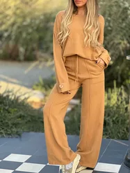 New Autumn Winter Casual Women's Suit Solid Color Round Neck Long-sleeved Top + Loose Wide-leg Pants Two-piece Set Sporty Style